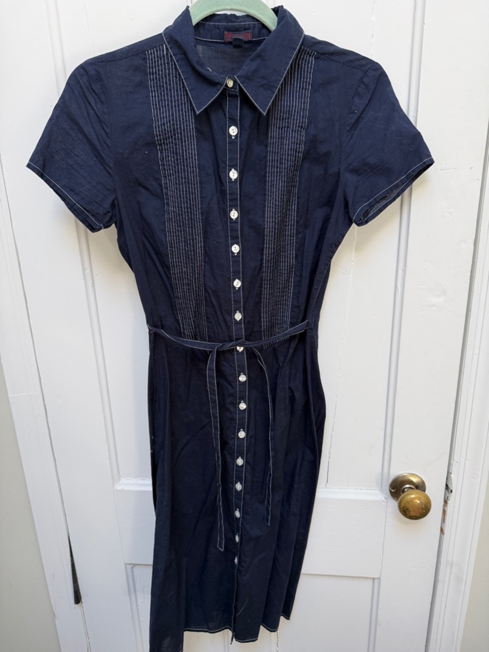 Navy Button-Front Midi Shirt Dress with Tie Waist